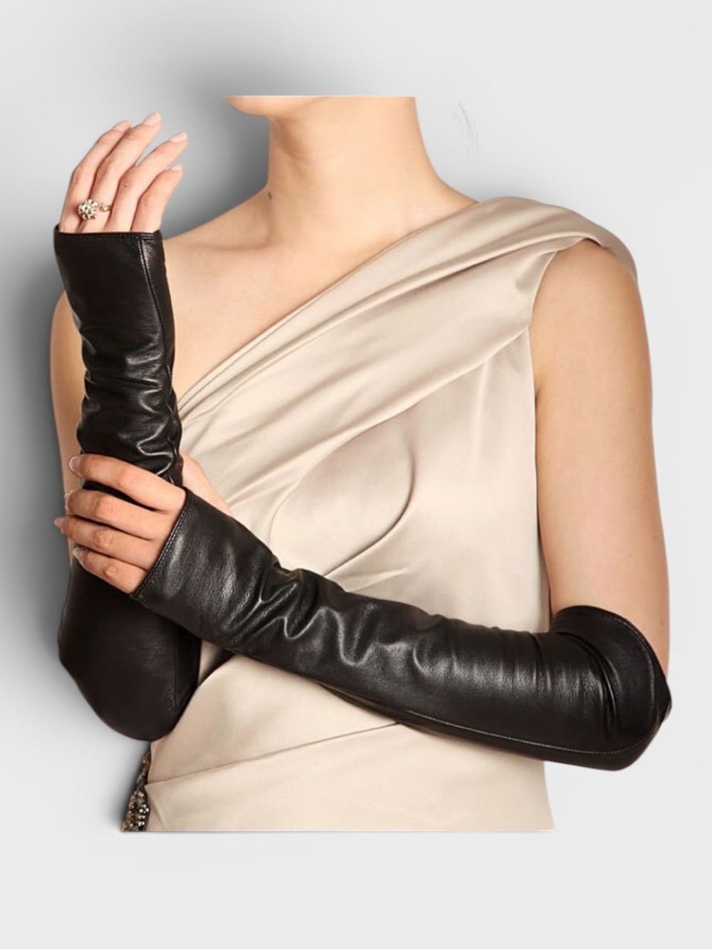 Hilts Willard Long Leather Fingerless Gloves Above Elbow Silk Lined M Black